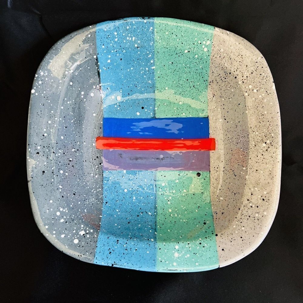 Studio Art Pottery Square Large Bowl Signed Colorful Speckled Center Piece MCM